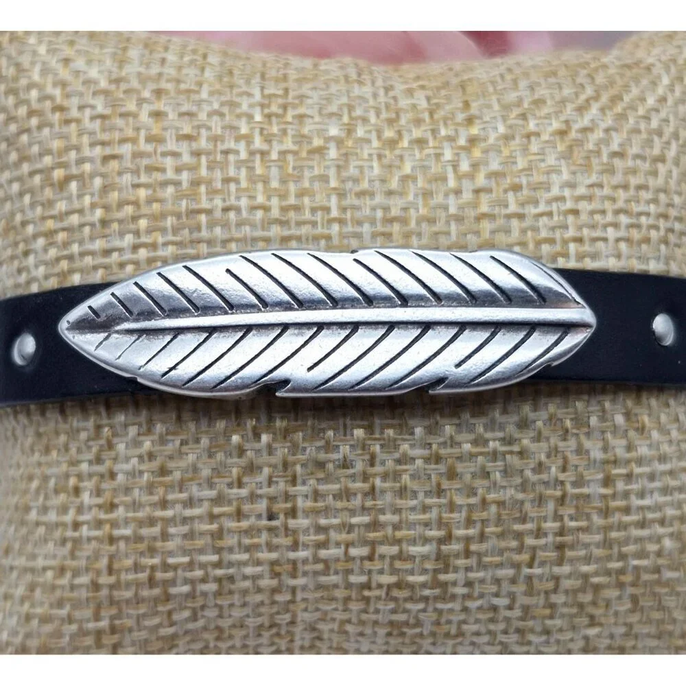 Mens Black Leather Bracelet Silver Tone Feather Slide Charm Punk Magnetic Clasp